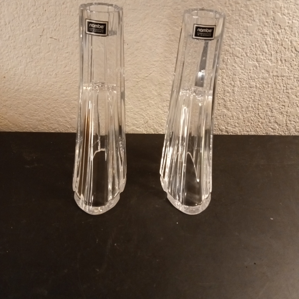 EXQUISITE Pair of Nambe Crystal Swoop 7" Candlesticks Holder Made in Slovenia
